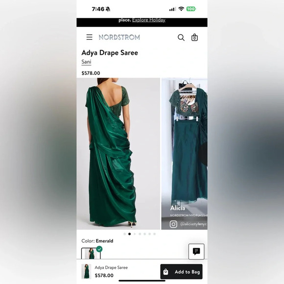 Sani Adya Drape Saree - Emerald size XS retail $598.00 new Indian Wedding Lengha - Picture 5 of 8